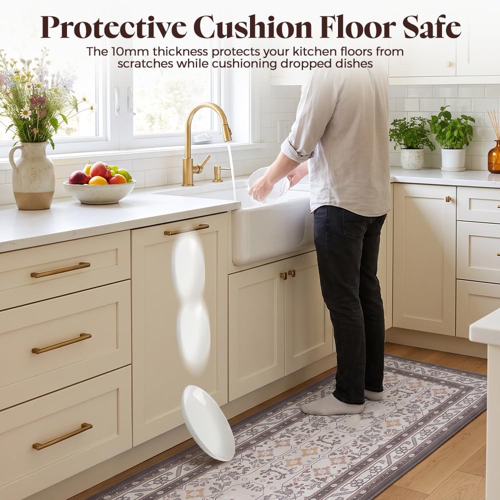 Kitchen Rug and Mat Set 2 Piece - Brown - 45 x 151cm and 45 x 74cm, Textured Anti Slip PVC, Wipe Clean