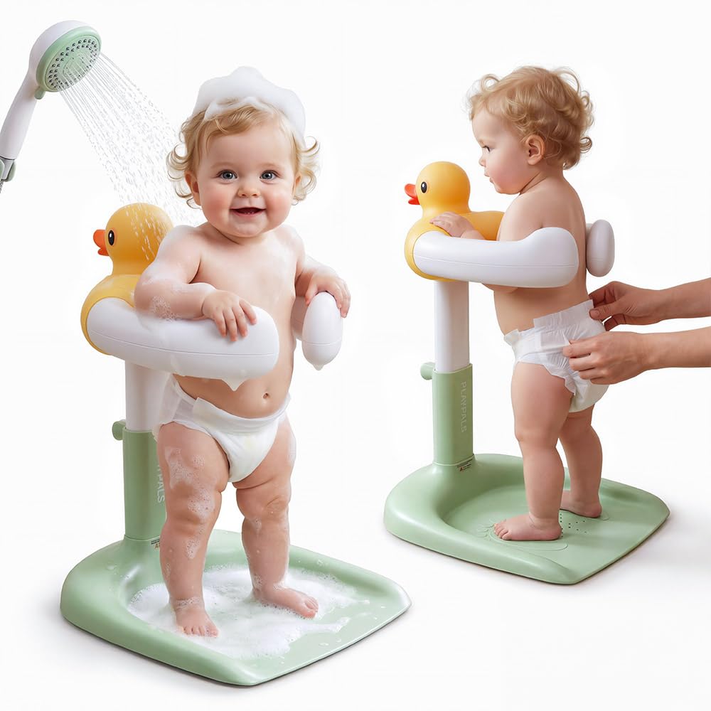 Baby Bath Shower Stand - Green - 9 Height Levels, Anti-Slip Base, Anti-Pinch Silicone