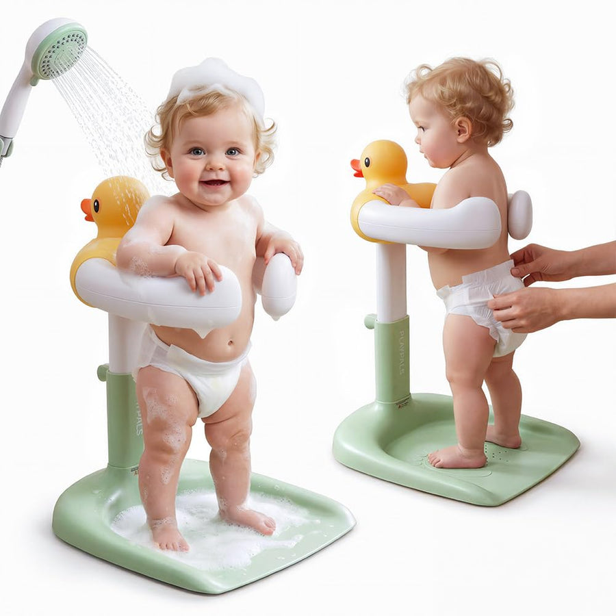 Baby Bath Shower Stand - Green - 9 Height Levels, Anti-Slip Base, Anti-Pinch Silicone