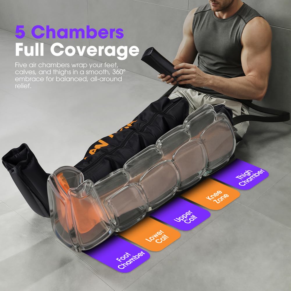 Air Compression Leg Recovery Boots - Large and Standard - 5 Air Chambers, 6 Massage Modes, 6 Intensity Levels, Memory Se
