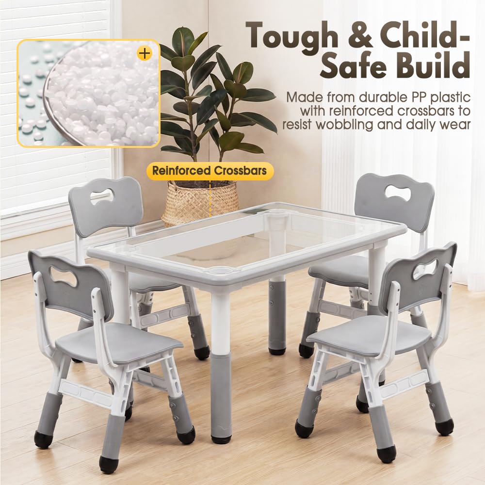 Kids Table and Chair Set with 4 Chairs - Grey 120 x 60cm - 7-Level Height Adjust, Wipe-Clean Top