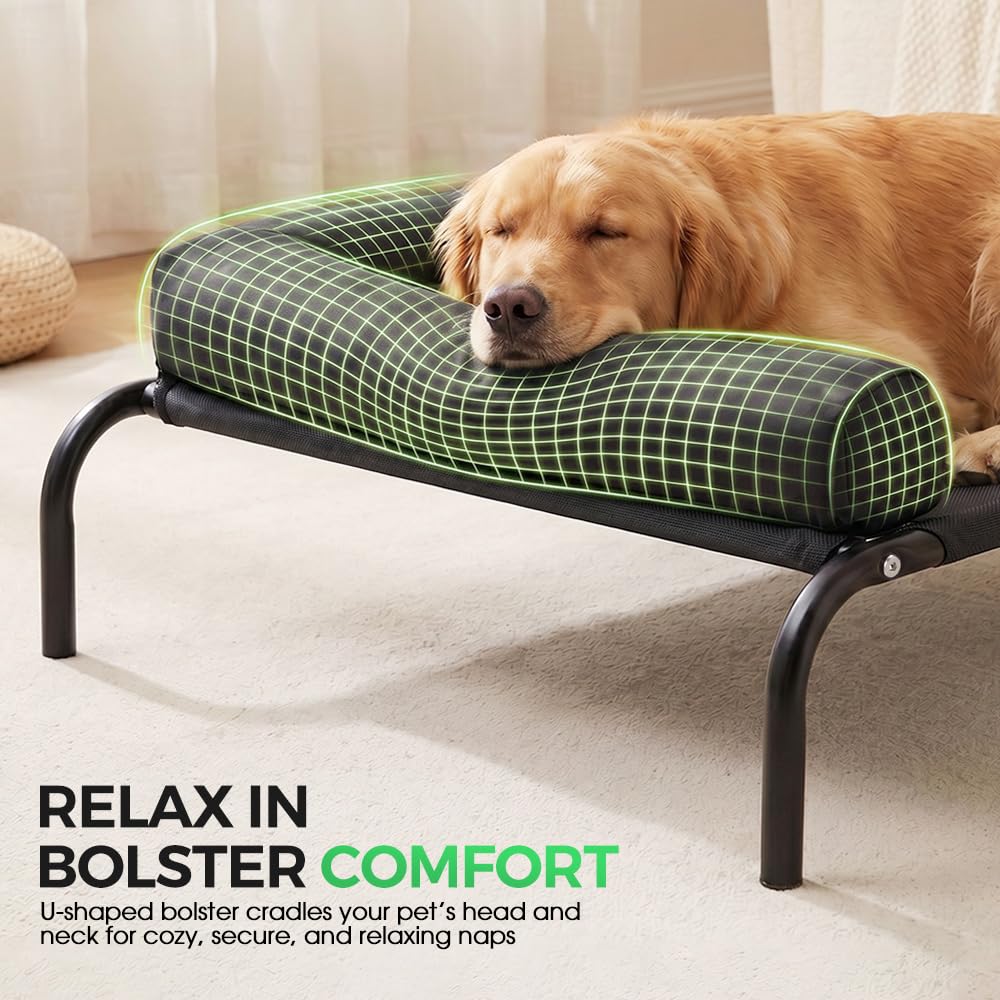 Cooling Elevated Dog Bed with Bolster - Black, Large 107 x 80 x 20cm - Textilene Mesh, Steel Frame, Holds 60kg