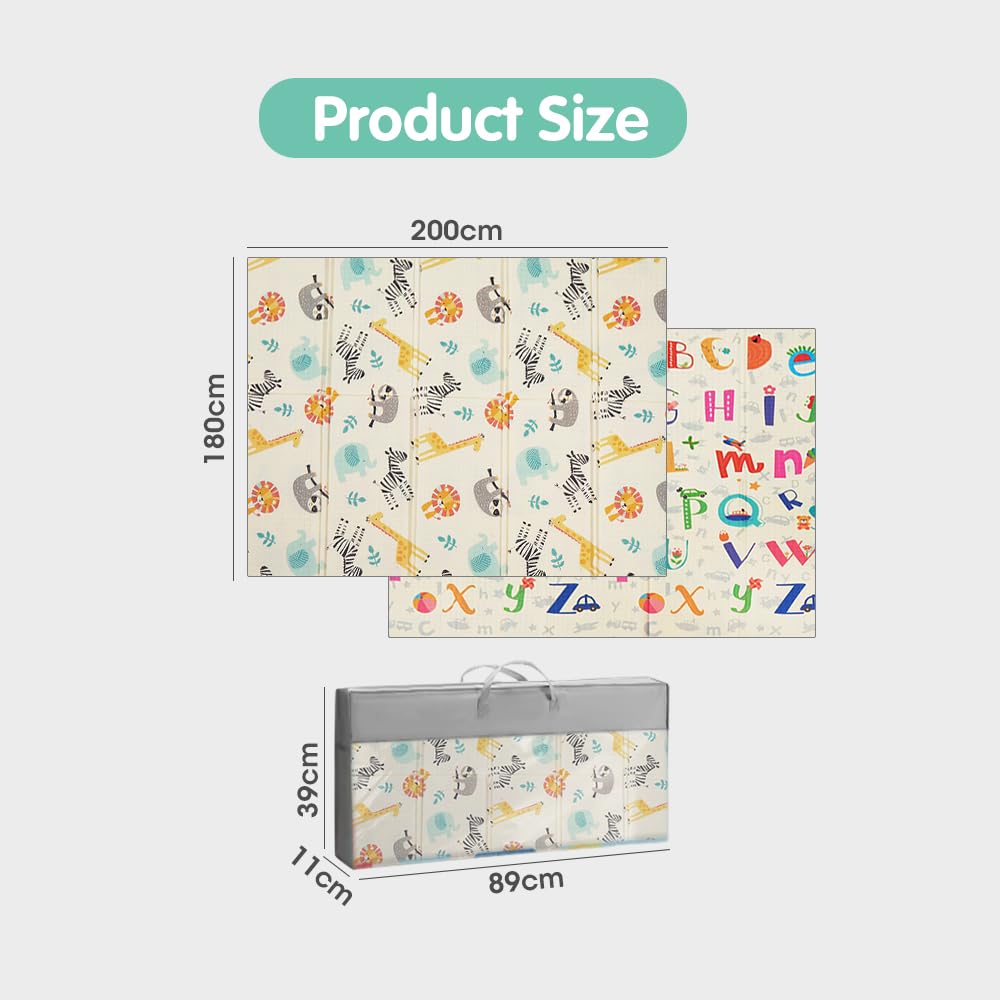 Foldable Baby Play Mat 200 x 180cm - Zoo Animals - 1cm XPE Foam, Reversible, Travel Bag