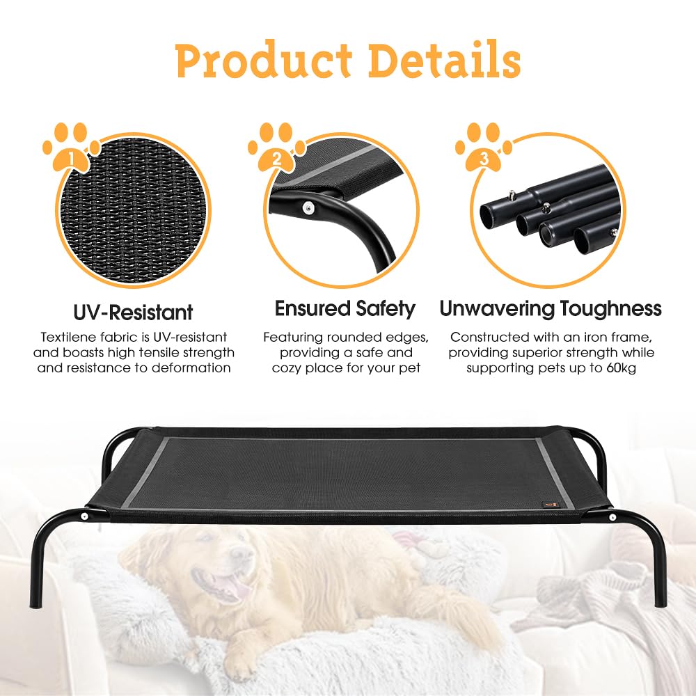 Cooling Elevated Dog Bed - Black, Medium 87 x 65 x 20cm - Breathable Textilene Mesh, Steel Frame, Holds 60kg