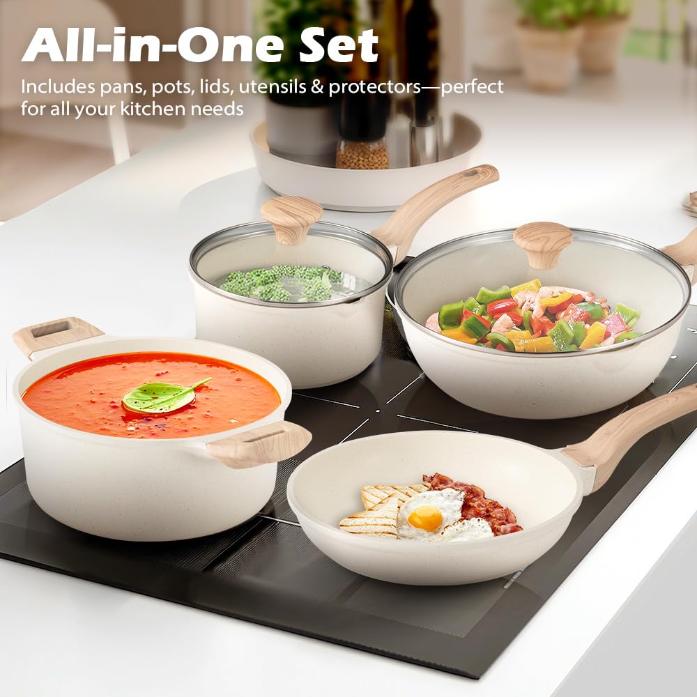 Classic Cookware Set 13 Piece - White - Nonstick Granite Coating, Fixed Stay Cool Handles, PFOA and PFOS Free