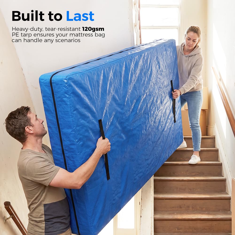 Mattress Bag for Moving and Storage - Double - 120gsm PE Tarp, 8 Heavy Duty Handles, Zip on Three Sides, Water Resistant