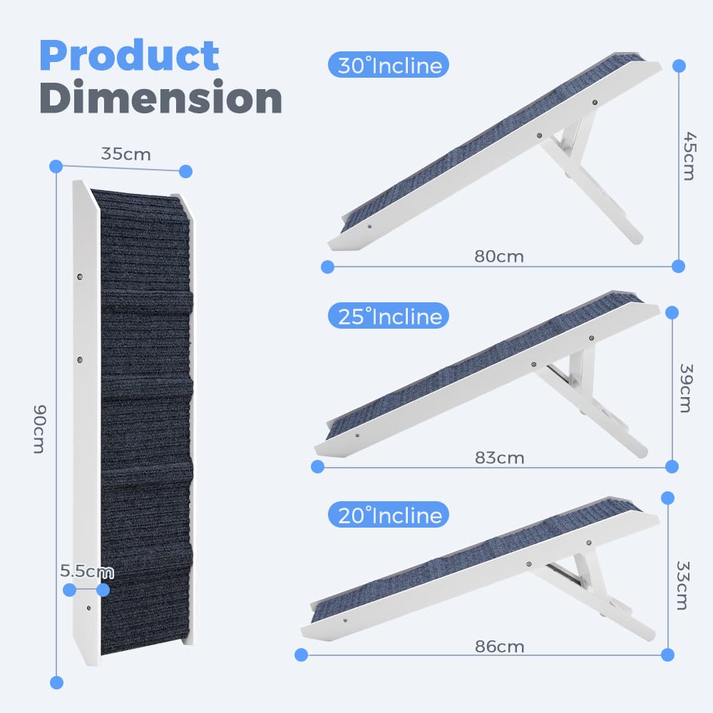 Adjustable Dog Ramp for Bed - White, 90cm Long - Three Heights 33, 39 and 45cm, Holds 60kg, Non Slip Carpet