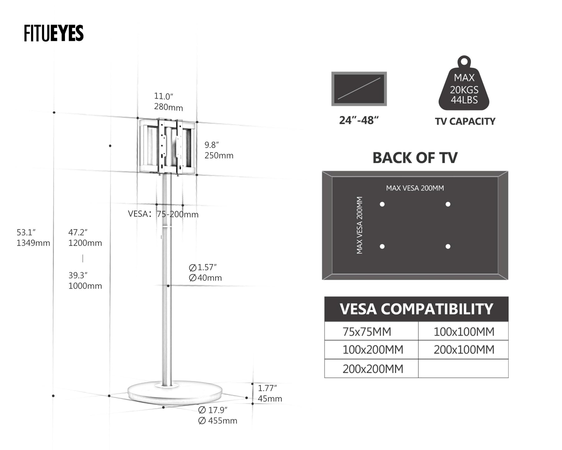Small Rolling TV Stand for 24-48 Inch TVs - Black - Minimalist Portable Cart, Hidden Wheels, Max VESA 200x200