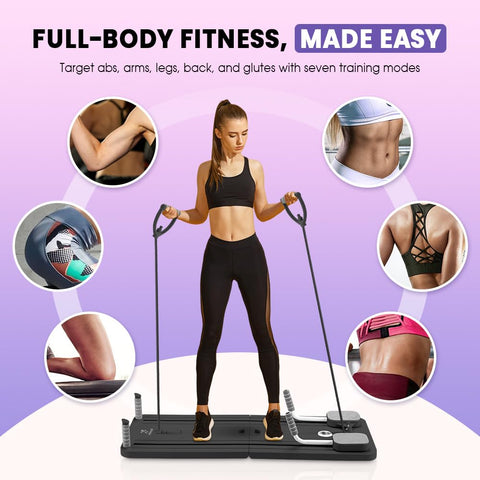 Foldable Pilates Reformer Board - Black - 18kg Resistance Bands, 8 Silent Rollers, 24 Anti Slip Pads, Timer Included