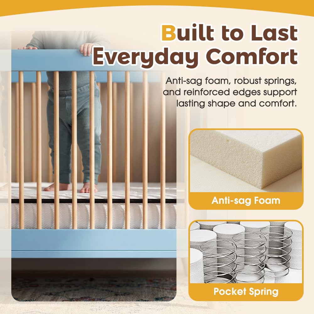 Cot Mattress 10cm Pocket Spring - White - 242 Individually Wrapped Springs, Tencel Knit Cover