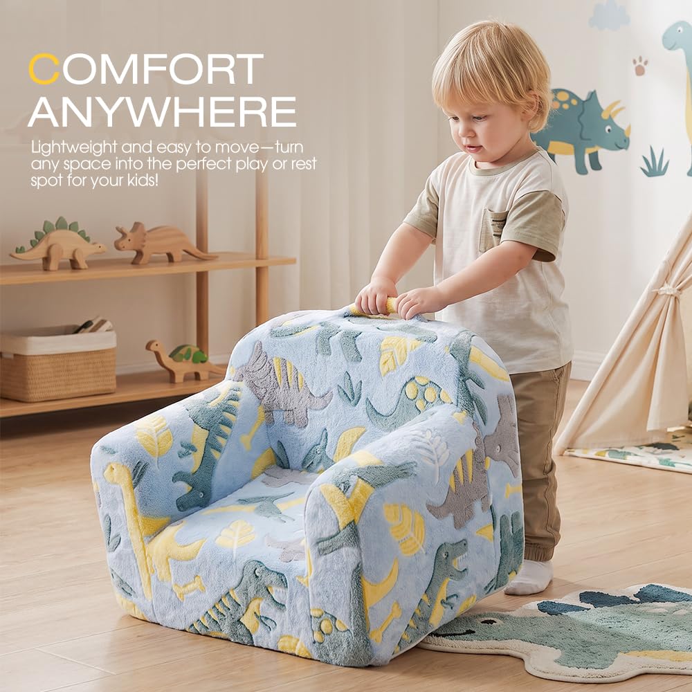 Kids Foam Sofa Chair - Blue Dinosaur Print - Carry Handle, Zip-Off Washable Cover, 62.5cm Wide