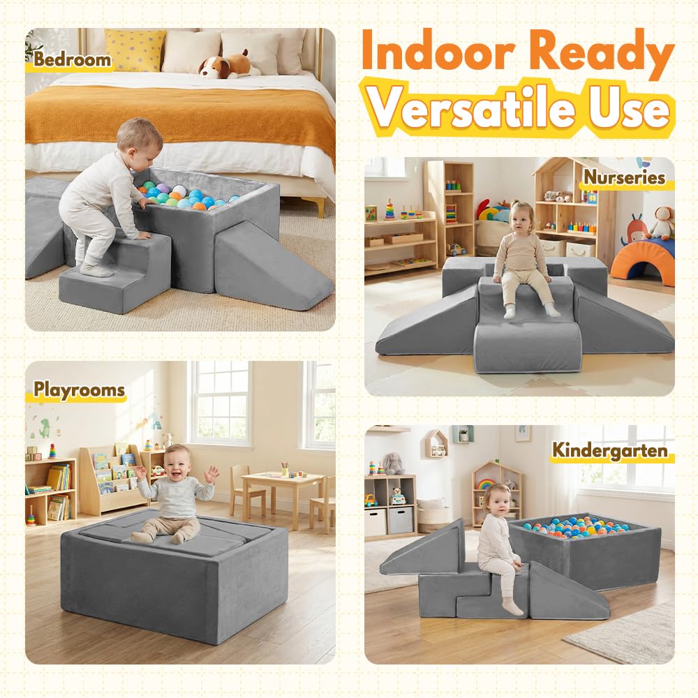 Soft Play Set 6 Piece - Grey - Ball Pit, Ramp, Steps and Slope, High-Density Memory Foam