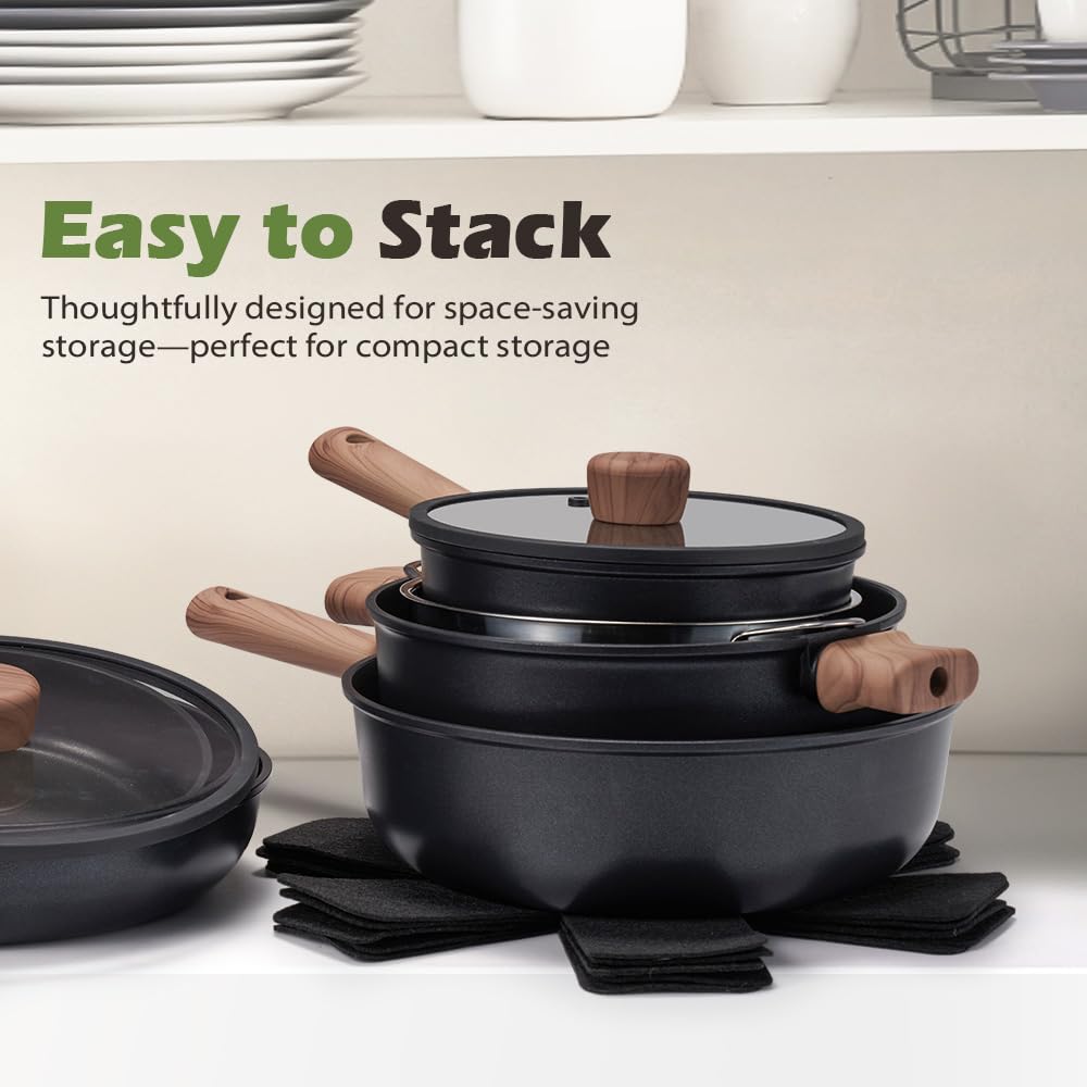 Classic Cookware Set 19 Piece - Black - Nonstick Granite Coating, Fixed Stay Cool Handles, PFOA and PFOS Free