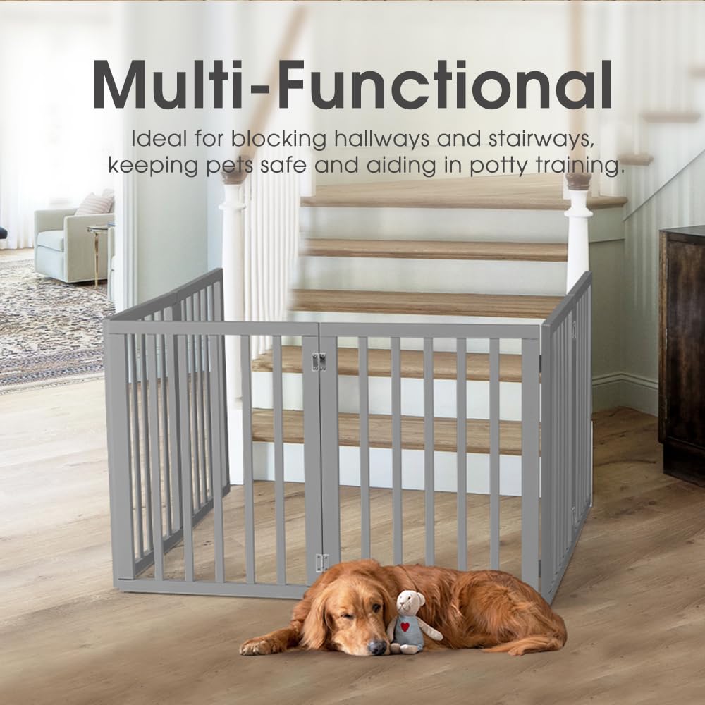 Foldable Dog Gate 6 Panel - Grey, 282 x 61cm - No Drill Freestanding, 180 Degree Hinges, Wooden Panels