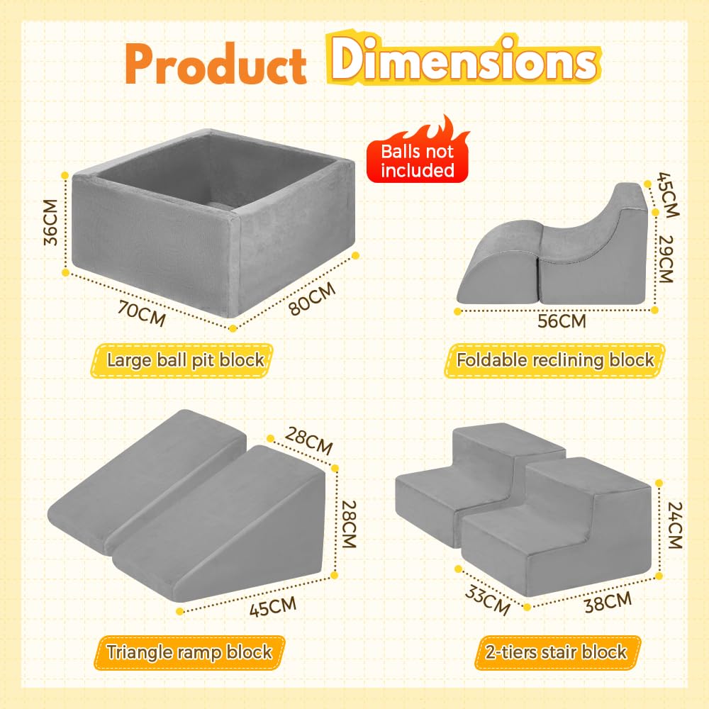 Soft Play Set 6 Piece - Grey - Ball Pit, Ramp, Steps and Slope, High-Density Memory Foam