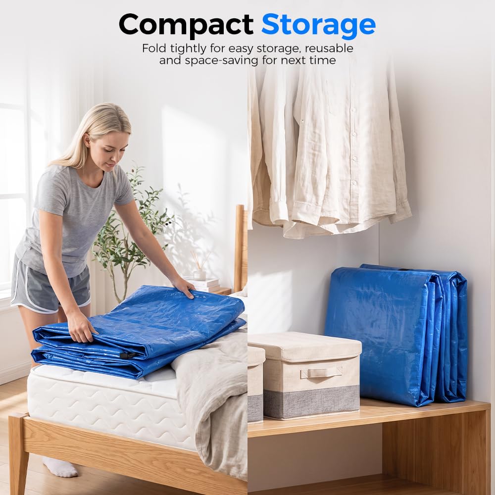 Mattress Bag for Moving and Storage - Queen - 120gsm PE Tarp, 8 Heavy Duty Handles, Zip on Three Sides, Water Resistant
