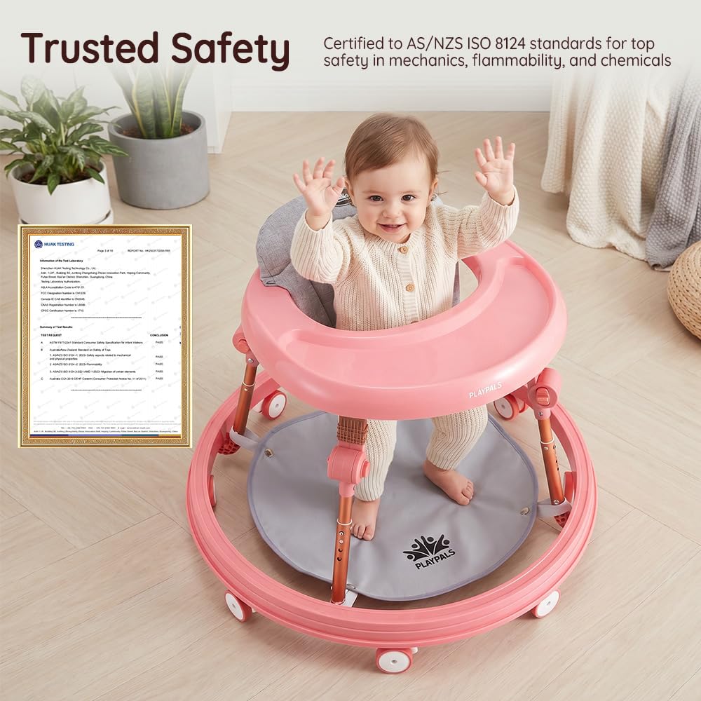 3-in-1 Baby Walker and Activity Table - Pink - 4 Height Positions, Folding Frame, 6-18 Months