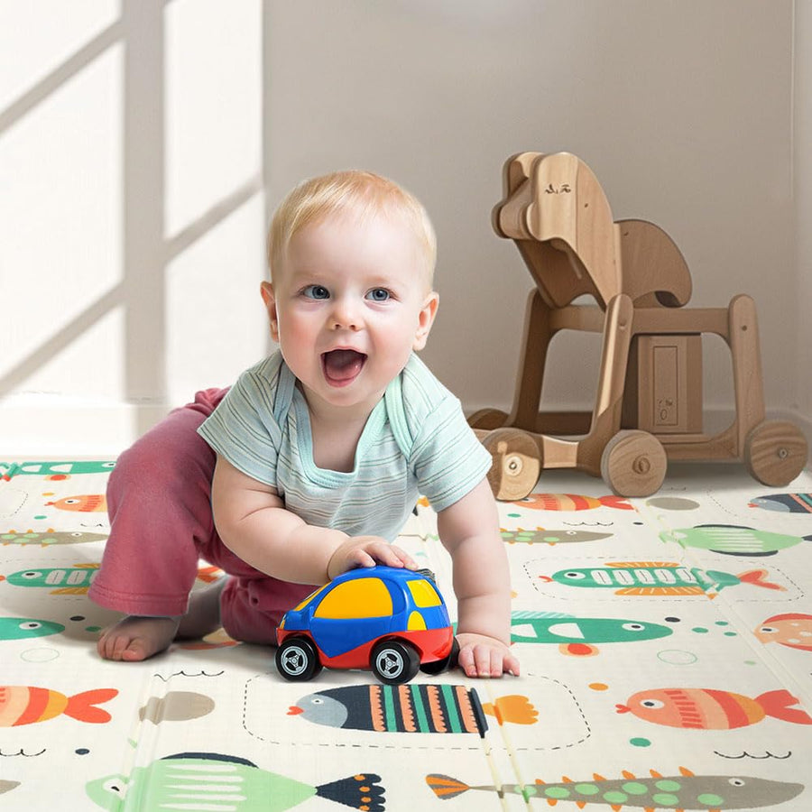 Foldable Baby Play Mat 200 x 180cm - Fish - 1cm XPE Foam, Reversible, Travel Bag Included