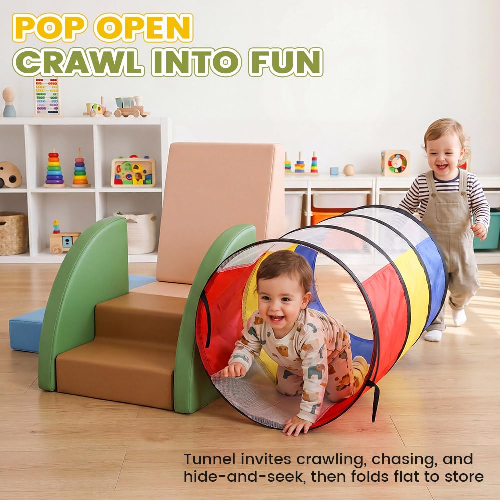 Soft Play Set 7 Piece - Morandi - Crawl Tunnel, PU Leather Foam Blocks, Non-Slip Base