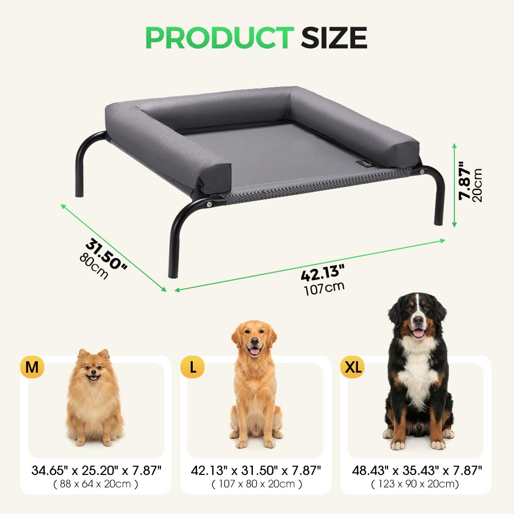 Cooling Elevated Dog Bed with Bolster - Grey, Large 107 x 80 x 20cm - Textilene Mesh, Steel Frame, Holds 60kg