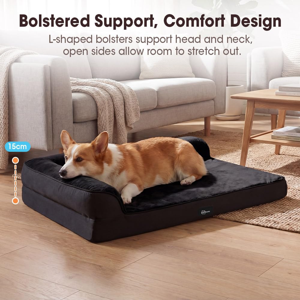 Dog Bed with L Shaped Bolsters - Black, Large 90 x 64 x 15cm - Velvet, Washable Cover, Non Slip Base