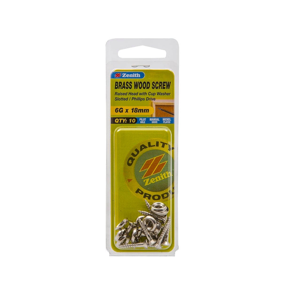 Zenith 6G x 18mm Nickel Plated Brass Raised Head Wood Screws with Cup Washer – 10 Pack - SuperSaverAU - view 1