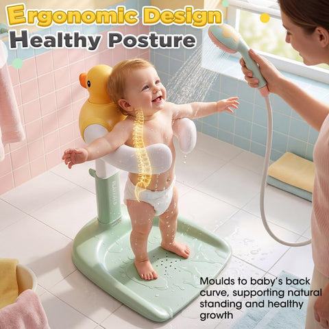 Baby Bath Shower Stand - Green - 9 Height Levels, Anti-Slip Base, Anti-Pinch Silicone