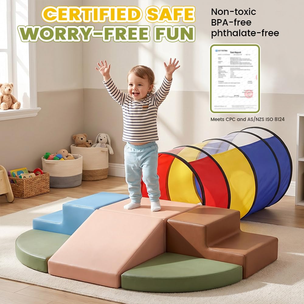 Soft Play Set 7 Piece - Morandi - Crawl Tunnel, PU Leather Foam Blocks, Non-Slip Base