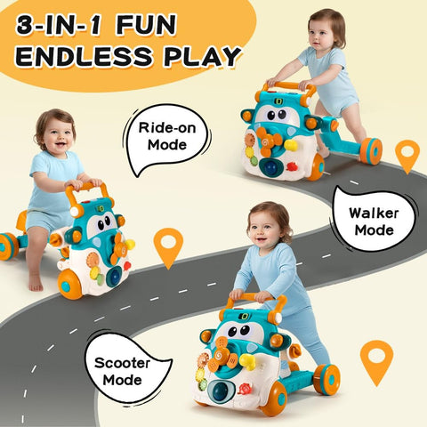 3-in-1 Baby Walker, Ride-On and Scooter - Blue - Music Activity Centre, 90 Degree Rotating Head