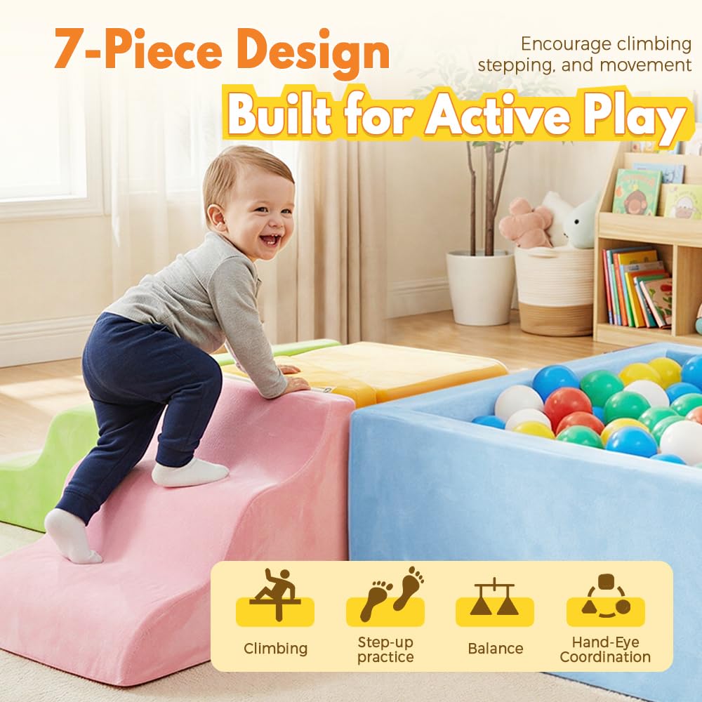 Soft Play Set 7 Piece - Pastel - Ball Pit, Ramps, Steps, Slope and Block, High-Density Foam