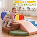 Soft Play Set 7 Piece - Morandi - Crawl Tunnel, PU Leather Foam Blocks, Non-Slip Base