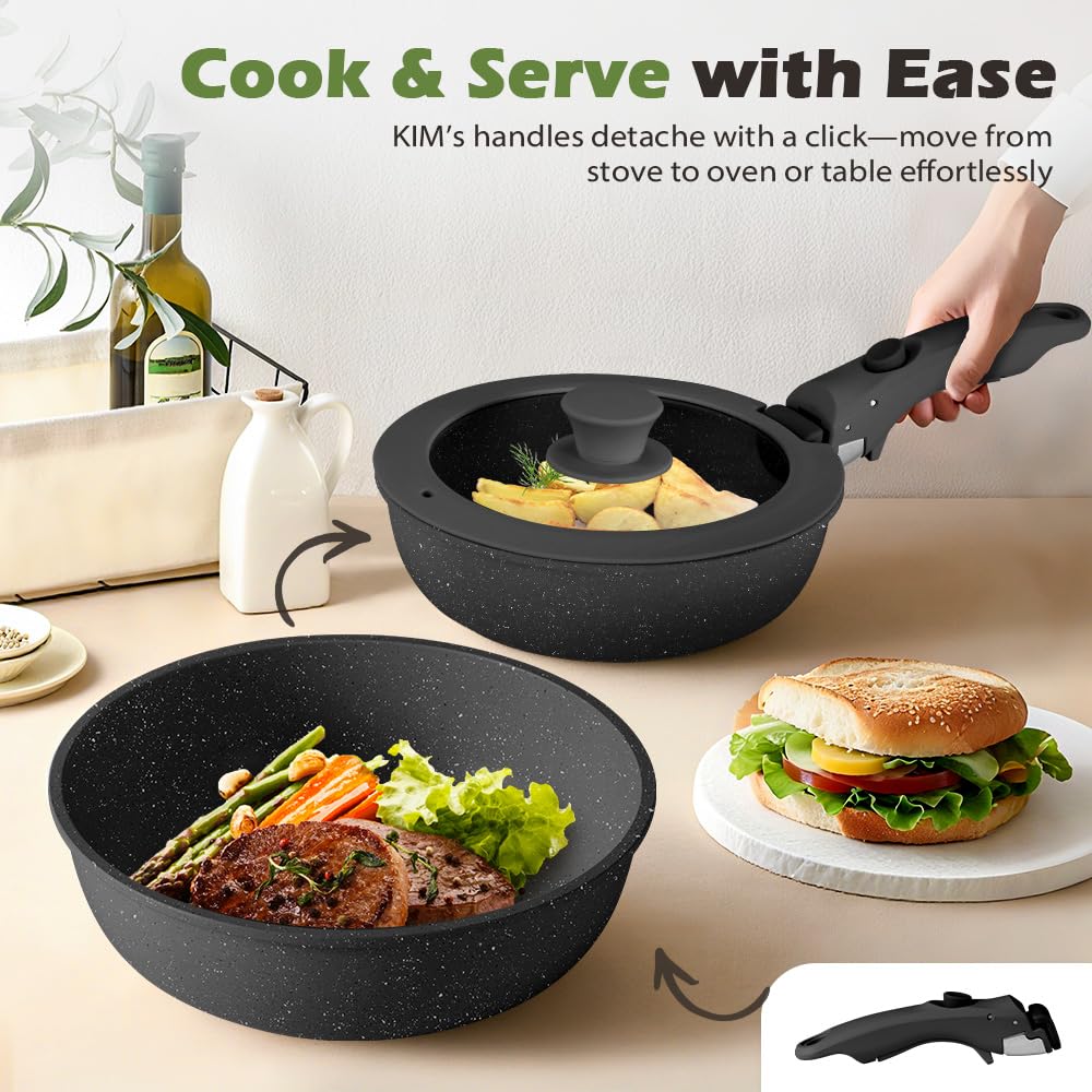 Detachable Handle Cookware Set 20 Piece - Black - Nonstick Granite Coating, PFOA and PFOS Free, Induction Ready