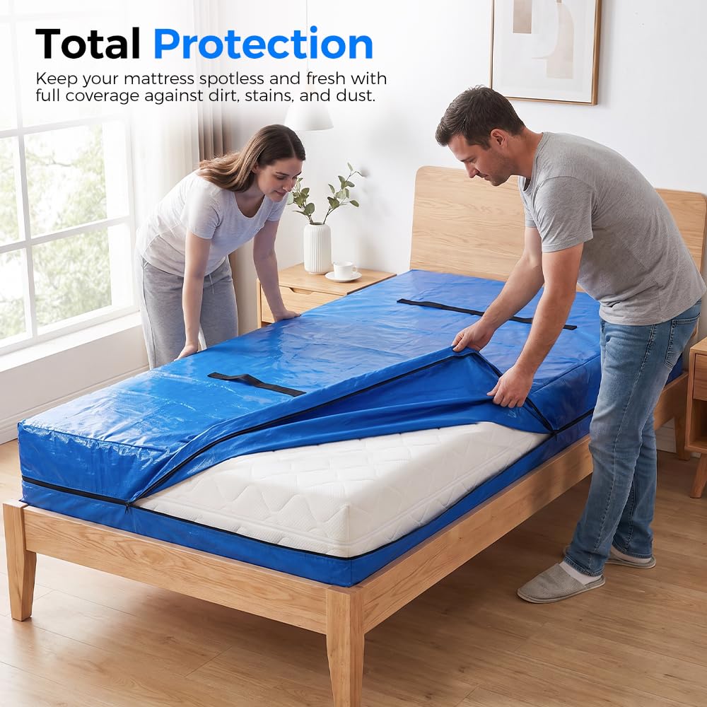 Mattress Bag for Moving and Storage - Single - 120gsm PE Tarp, 8 Heavy Duty Handles, Zip on Three Sides, Water Resistant