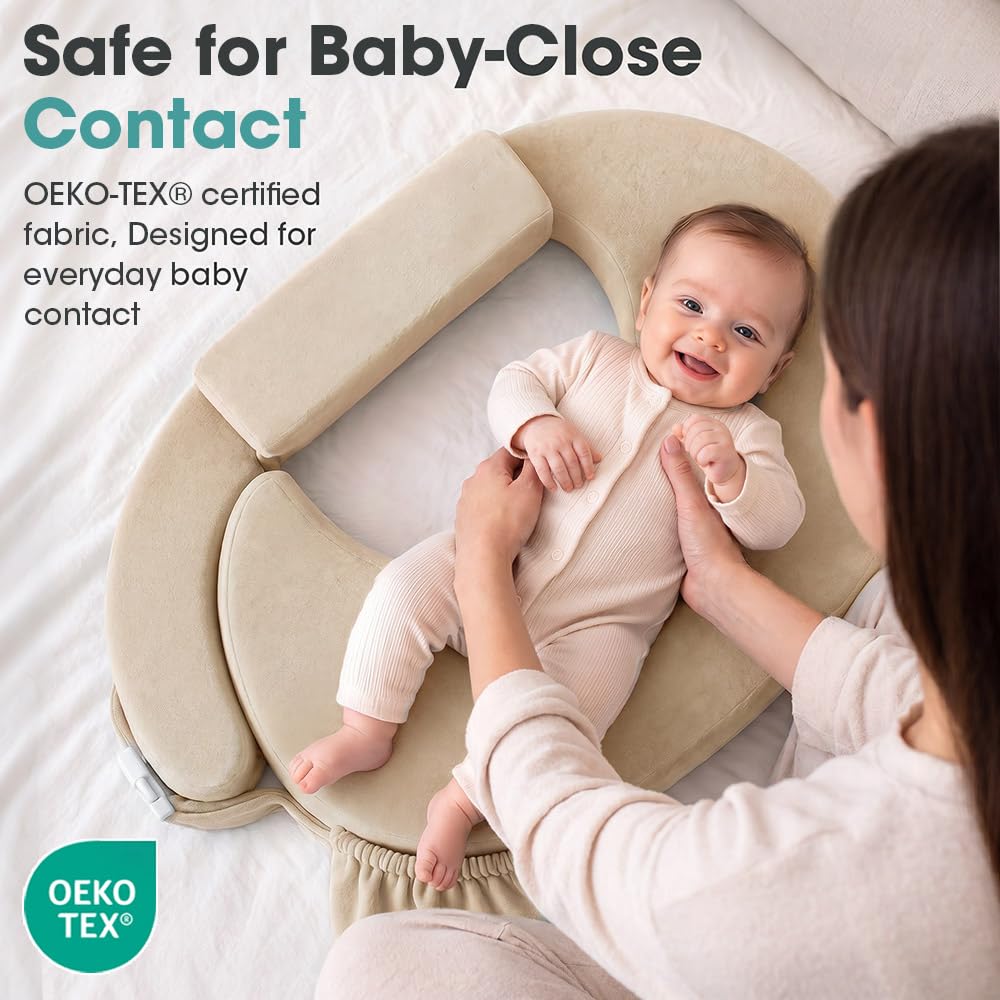 Nursing Pillow with Side Pocket - Beige - Wide Wrap-Around Fit, High-Density Foam, OEKO-TEX Cover