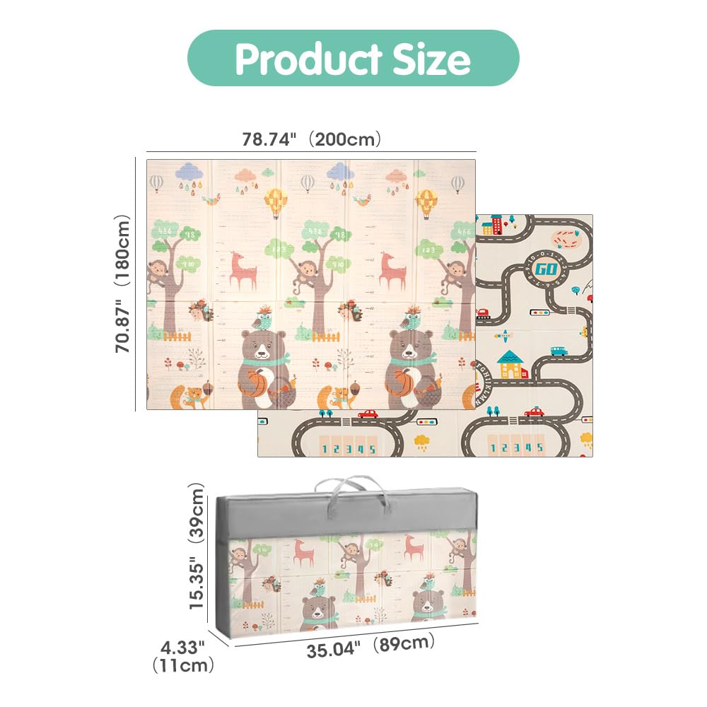 Foldable Baby Play Mat 200 x 180cm - Woodland Bear - 1cm XPE Foam, Reversible, Travel Bag