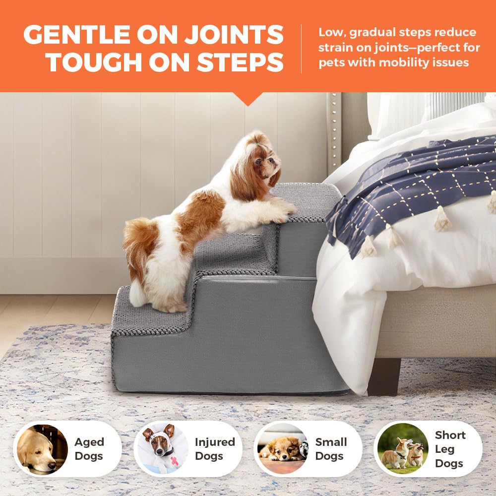 3 Step Dog Stairs 35cm High - Grey - High Density Foam with Support Boards, Non Slip Corduroy Cover