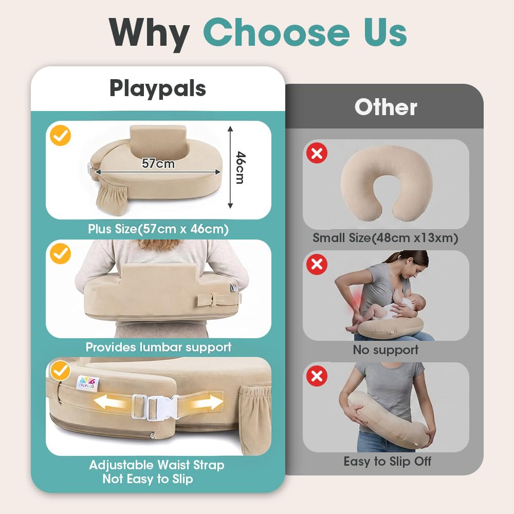 Nursing Pillow with Side Pocket - Beige - Wide Wrap-Around Fit, High-Density Foam, OEKO-TEX Cover