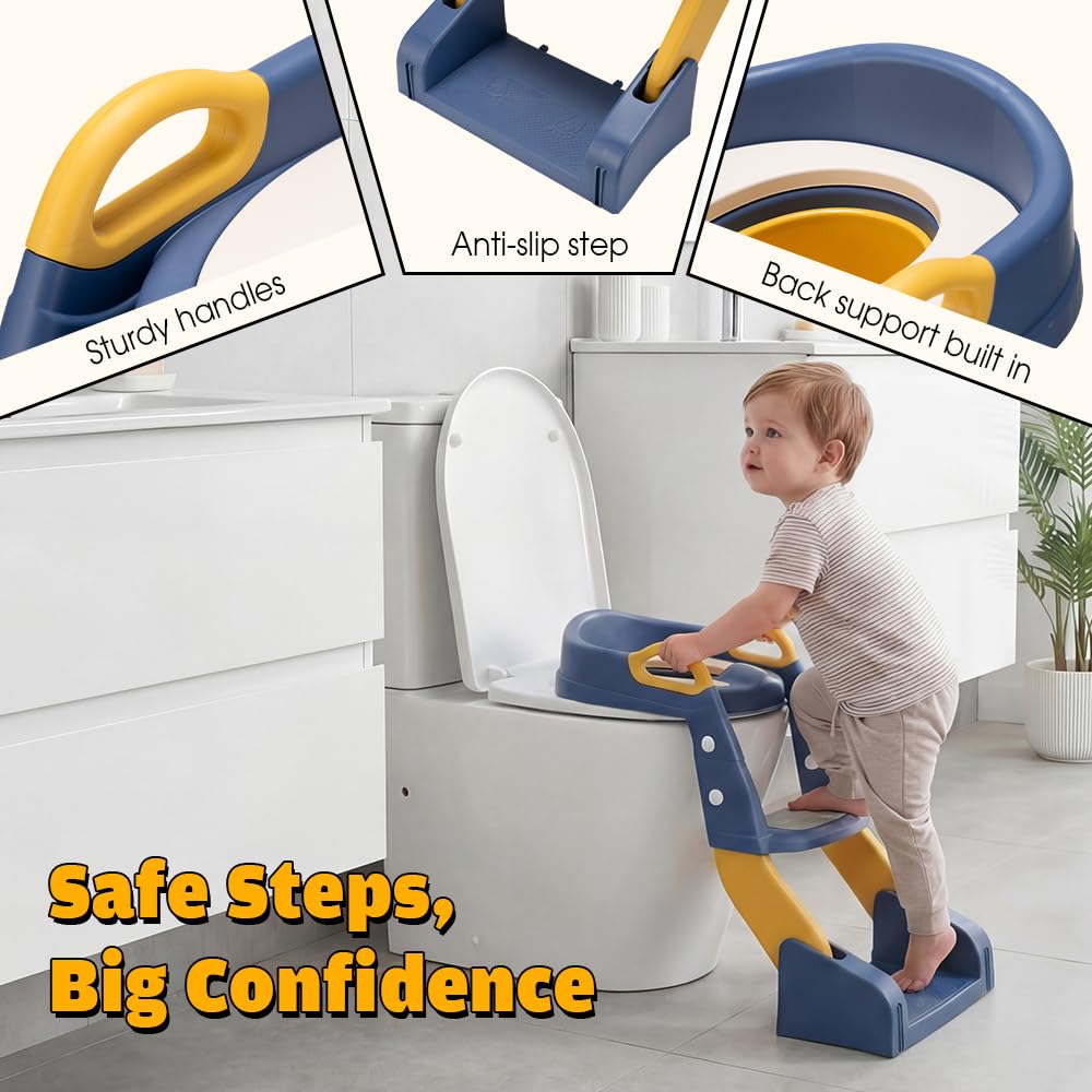 2-in-1 Potty Training Seat with Step Stool Ladder - Blue - Splash Guard, Soft PU Cushion, Non-Slip