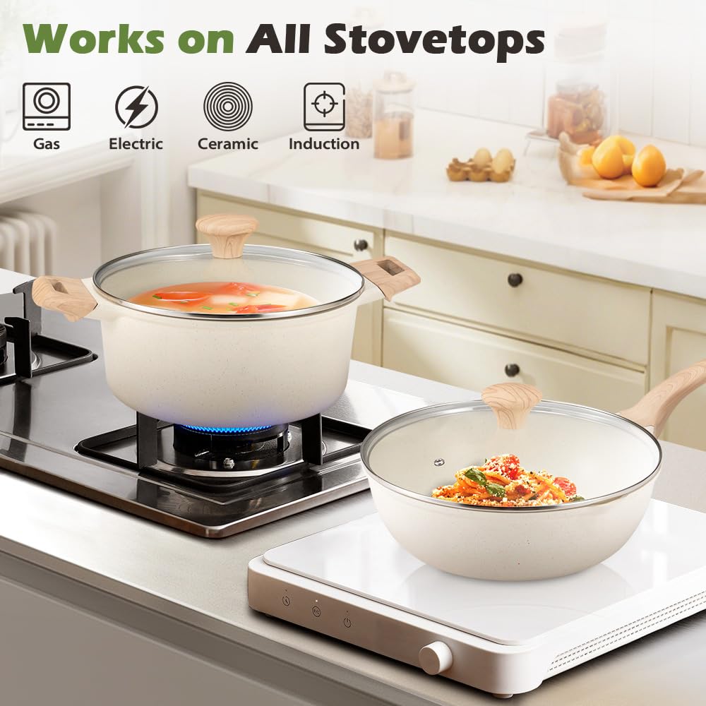 Classic Cookware Set 13 Piece - White - Nonstick Granite Coating, Fixed Stay Cool Handles, PFOA and PFOS Free