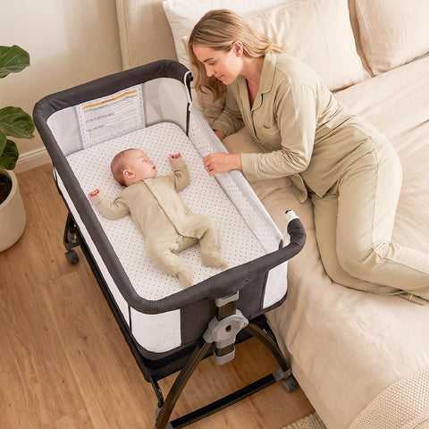 3-in-1 Baby Bassinet and Bedside Sleeper - Black - 6 Height Levels, Rocking Cradle, Mattress Included