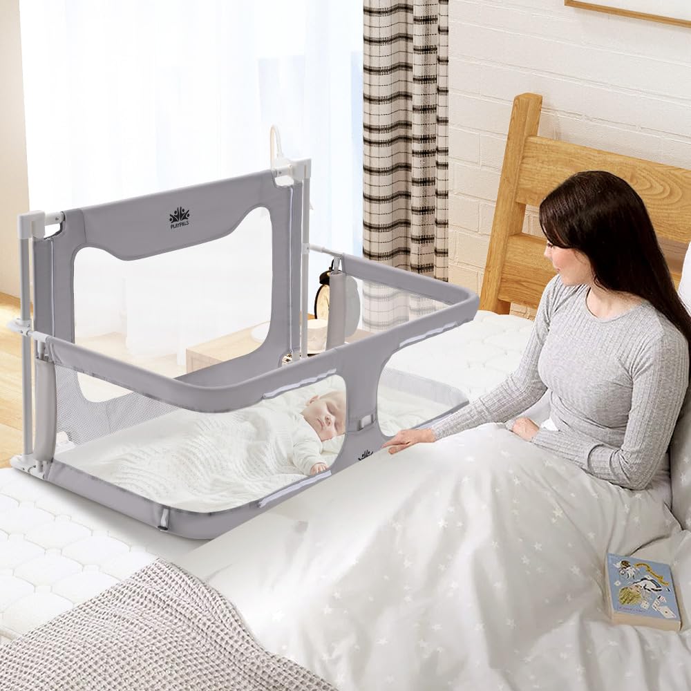 Baby Bedside Crib Co-Sleeper - Grey 120 x 56 x 70cm - Mesh Window, Lift and Fold Side, Adjustable