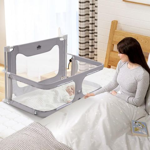 Baby Bedside Crib Co-Sleeper - Grey 120 x 56 x 70cm - Mesh Window, Lift and Fold Side, Adjustable