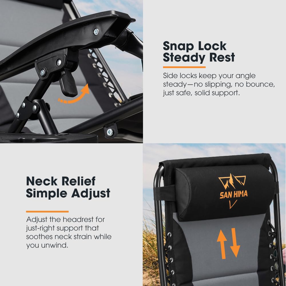 Zero Gravity Camping Chair - Black - Reclines 90 to 170 Degrees, 64cm Wide Seat, Double Layer 600D Oxford, Side Holder