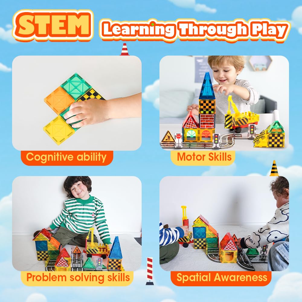 Magnetic Tiles Road Set 40 Piece - Extendable Crane - STEM Building Blocks, Storage Bag, Age 3+