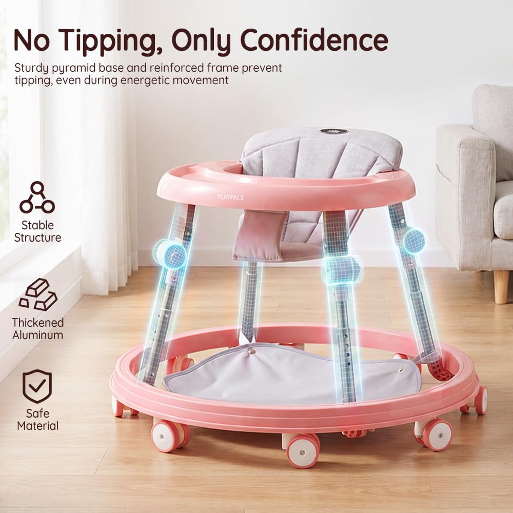 3-in-1 Baby Walker and Activity Table - Pink - 4 Height Positions, Folding Frame, 6-18 Months