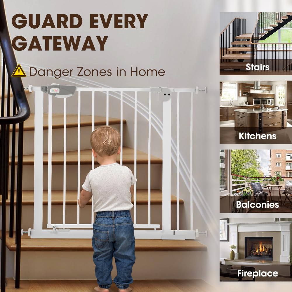 Auto-Close Baby Safety Gate - White 85-94cm - Pressure Fit No Drilling, Triple Lock, Two-Way Swing