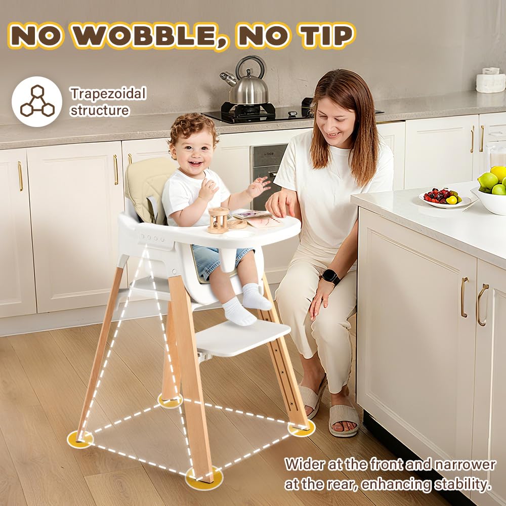 3-in-1 Wooden Baby High Chair - Khaki - 5-Point Harness, Food-Grade Tray, 5-Level Footrest
