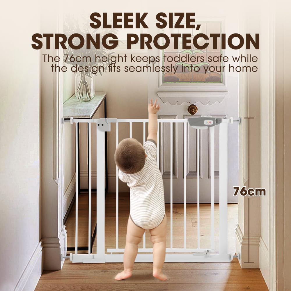 Auto-Close Baby Safety Gate - White 85-94cm - Pressure Fit No Drilling, Triple Lock, Two-Way Swing