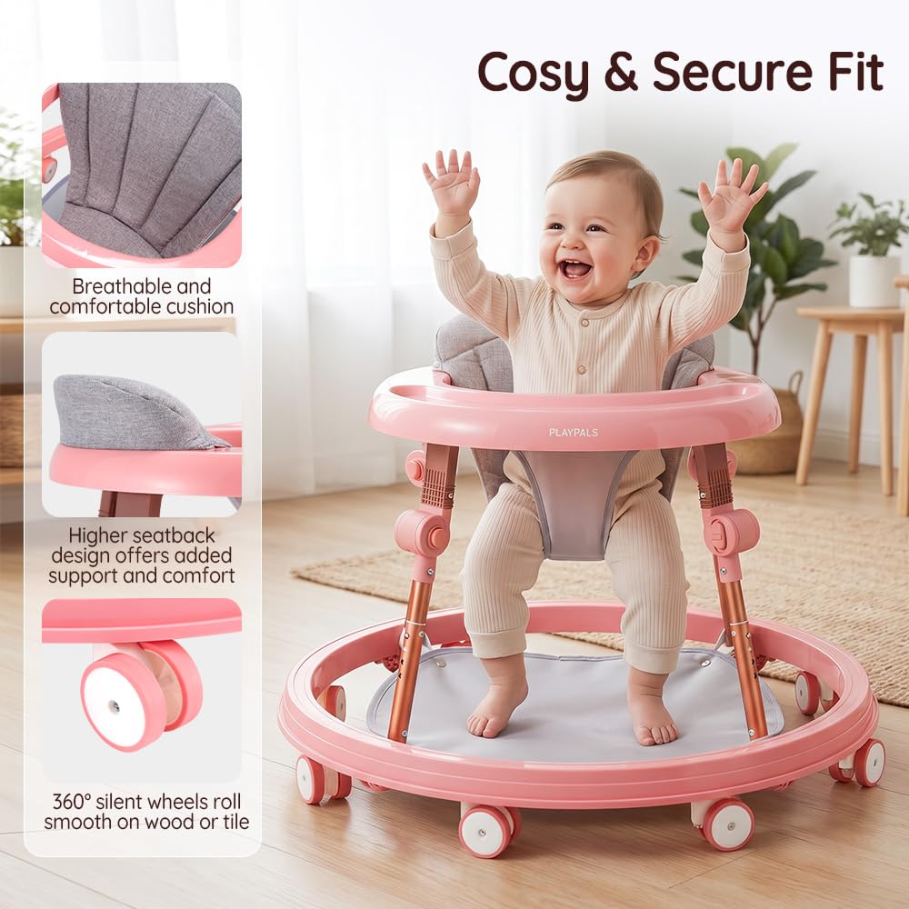 3-in-1 Baby Walker and Activity Table - Pink - 4 Height Positions, Folding Frame, 6-18 Months