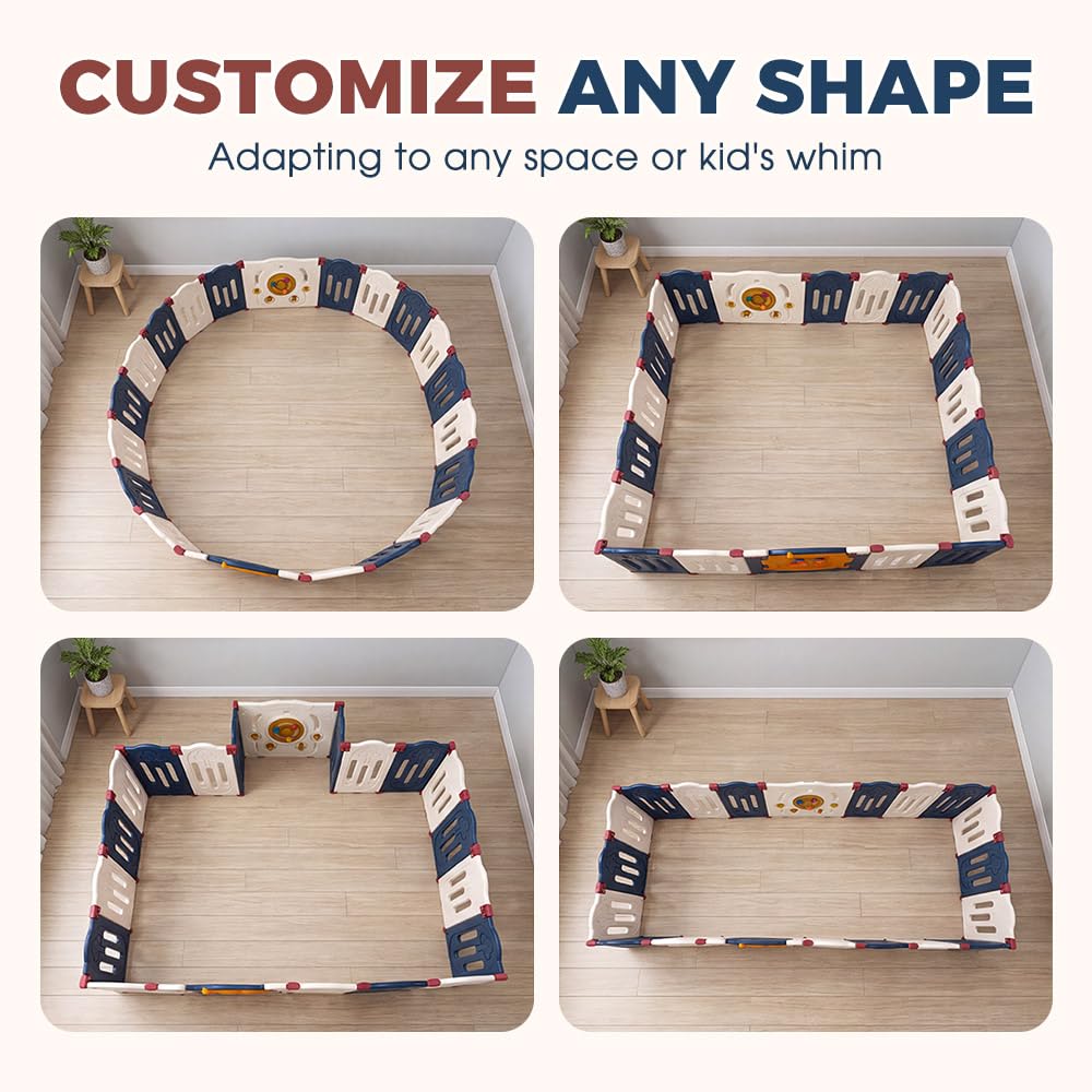 Baby Playpen 16 Panels - Blue 191 x 158 x 60cm - Foldable HDPE, Suction Pads, Interlocking Joints